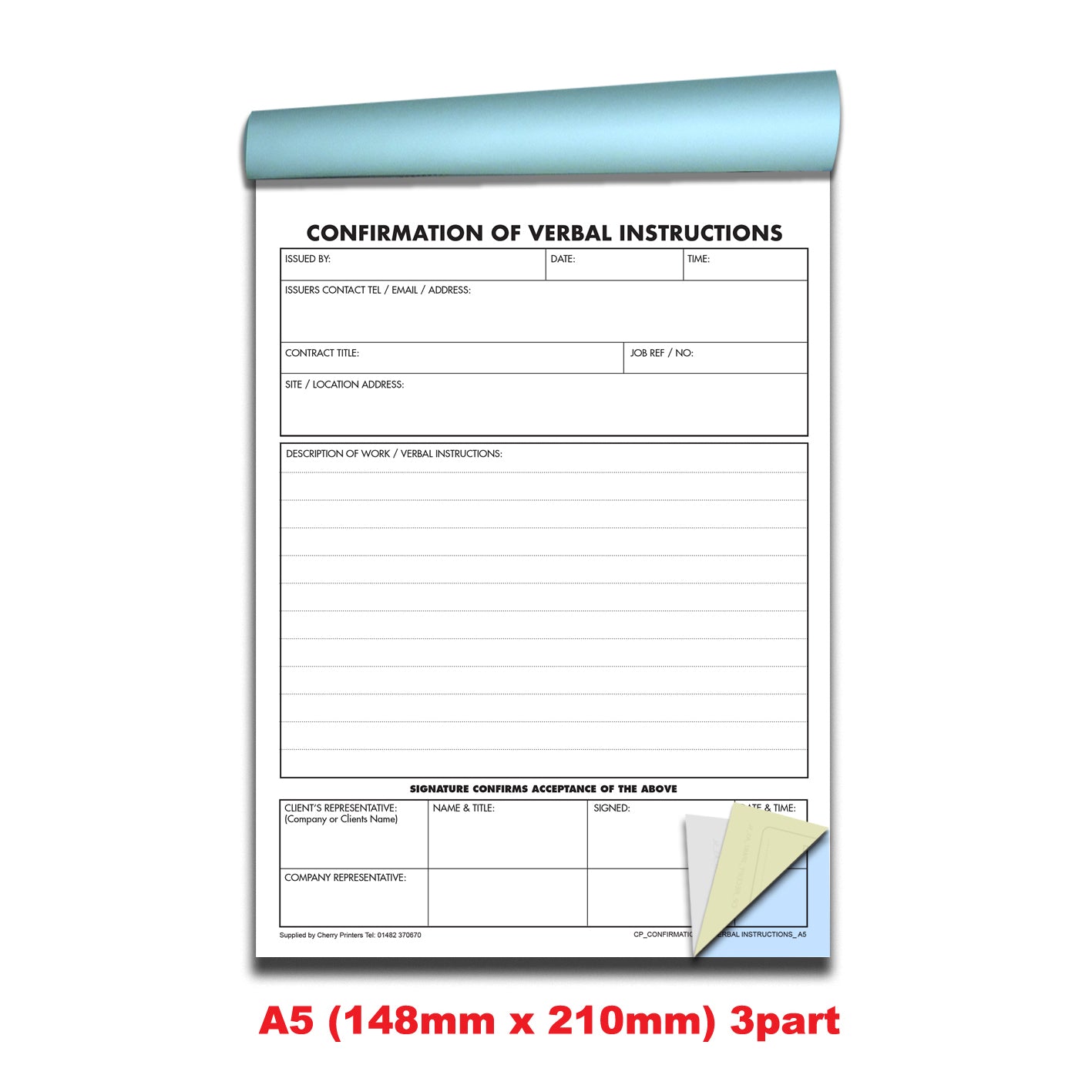 NCR Confirmation of Verbal Instruction Book A5 Triplicate