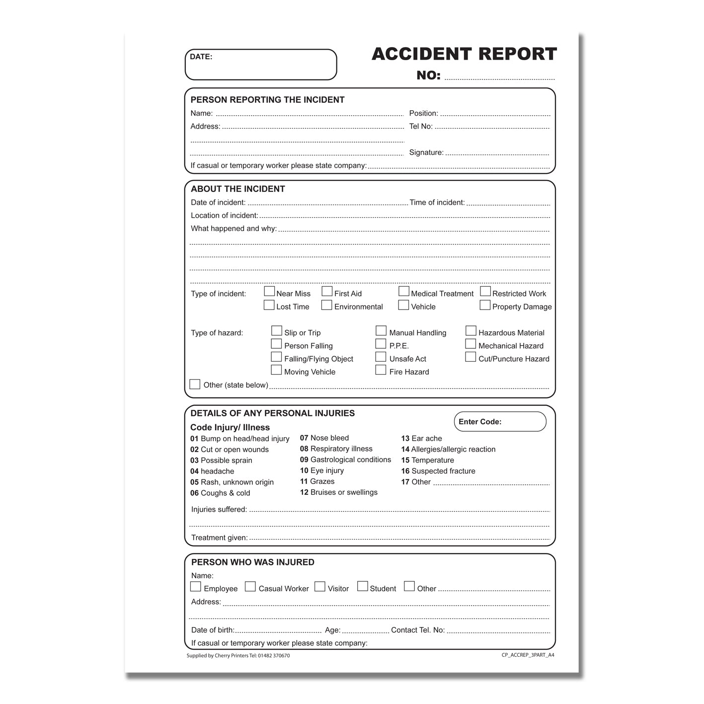 NCR Accident Report Book A4 Triplicate