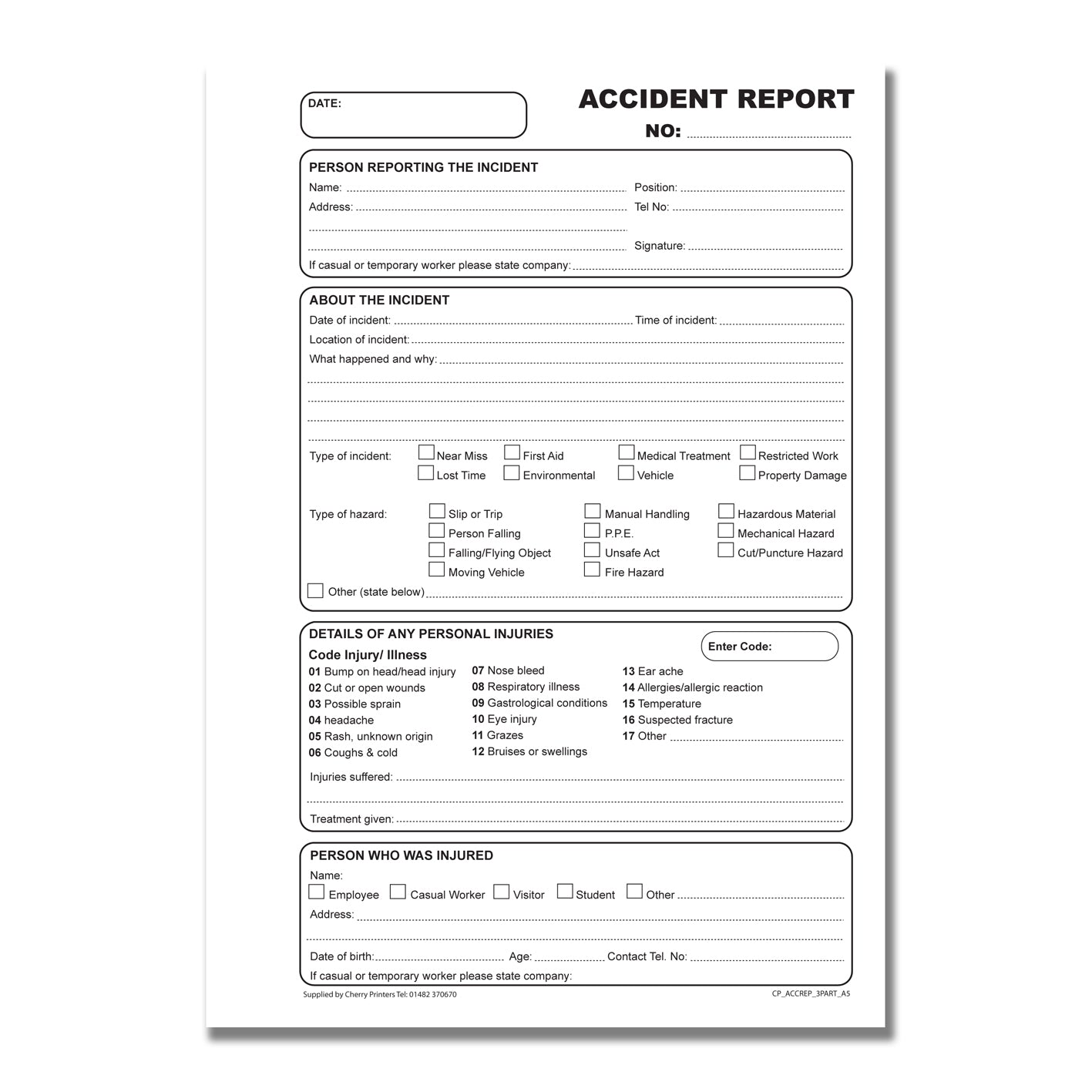 NCR Accident Report Book A5 Triplicate