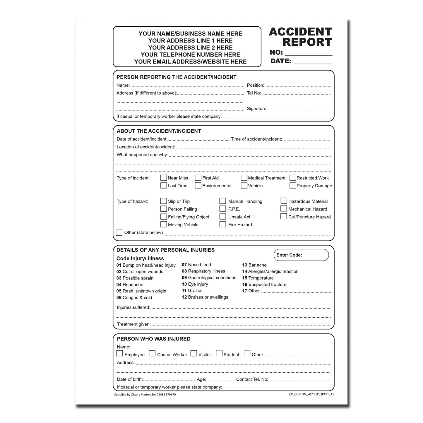NCR *CUSTOM* Accident Report Triplicate Book A5 | 4 Book Pack