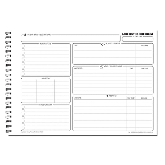 Residential Care Duties Checklist | Care Providers Journal/Log book | 120gsm A4 50 double sided pages Wirobound