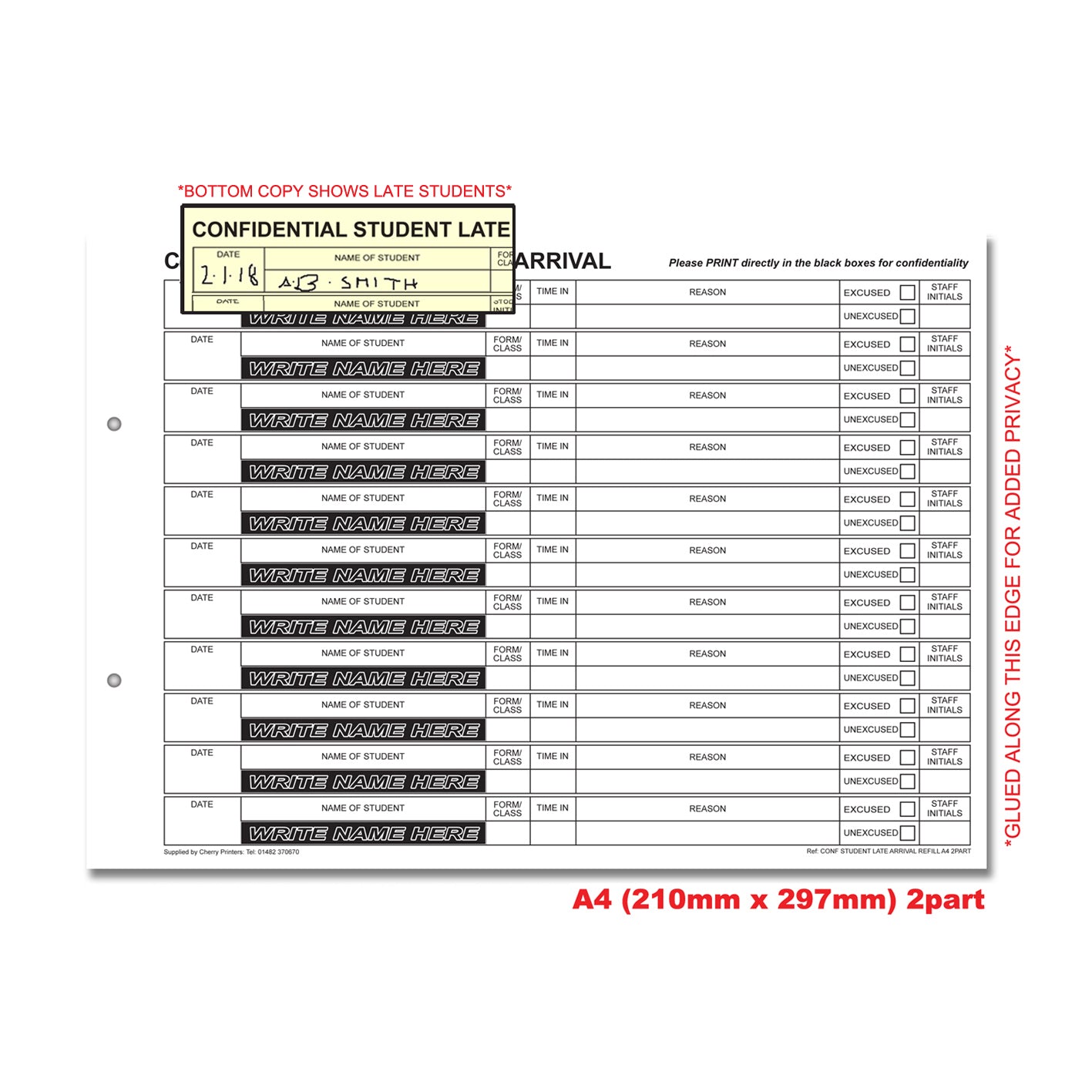 NCR Confidential Student Late Arrival REFILL PACK 50 sets of Duplicate A4