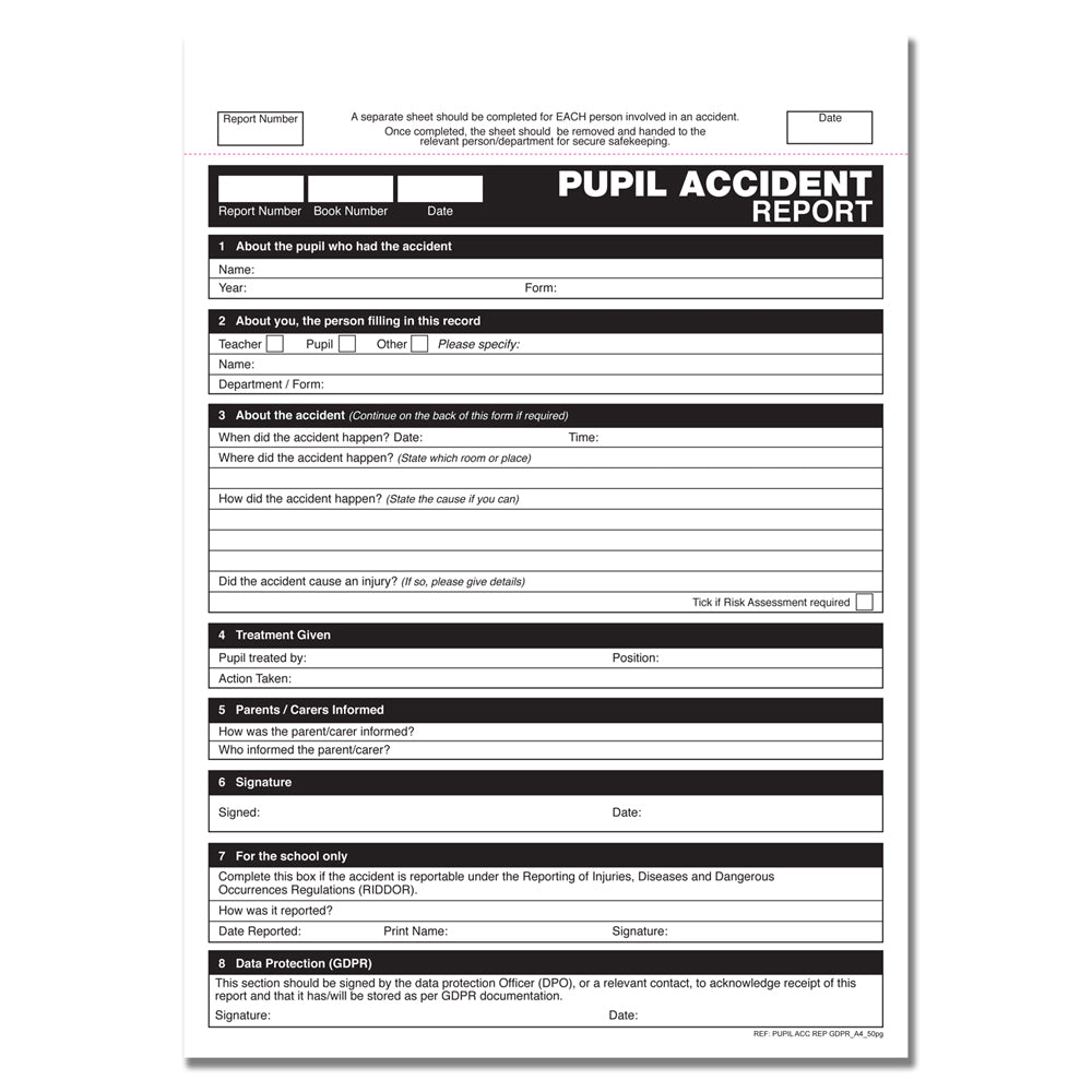 GDPR Pupil Accident Report Book A4 50 pages
