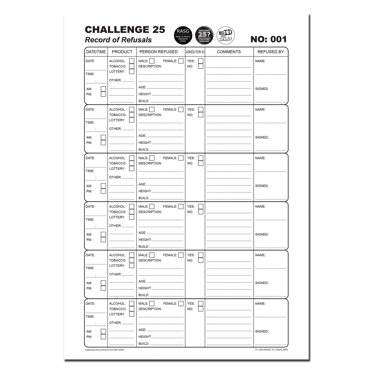 Challenge 25 Refusal Log 120gsm A4 50 Pages Wirobound