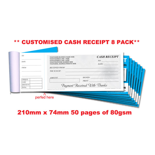 *CUSTOM* Cash Receipt Cheque Book Style with Stub 210mmx74mm 80g 50 Pages| 8 Book Pack