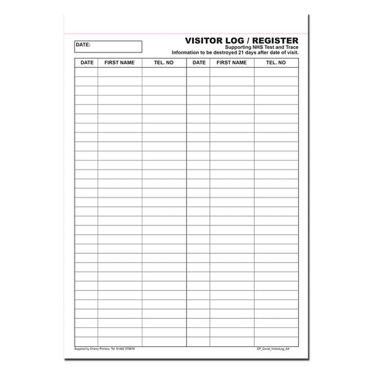 Covid-19 Visitor Log/Register 100 page A4 80gsm