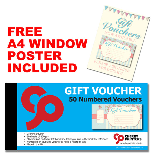 Shabby Chic/Floral Gift Voucher Book 99mm x 210mm with FREE A4 POSTER