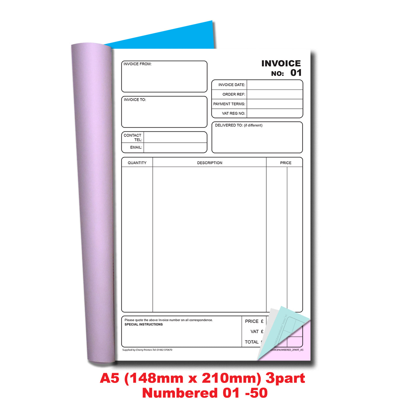 NCR Invoice Triplicate Book A5 Numbered 01-50