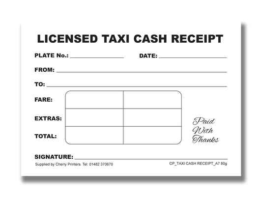 Licensed Taxi Cash Receipt Pad A7 (105mm x 74mm) 50 pages