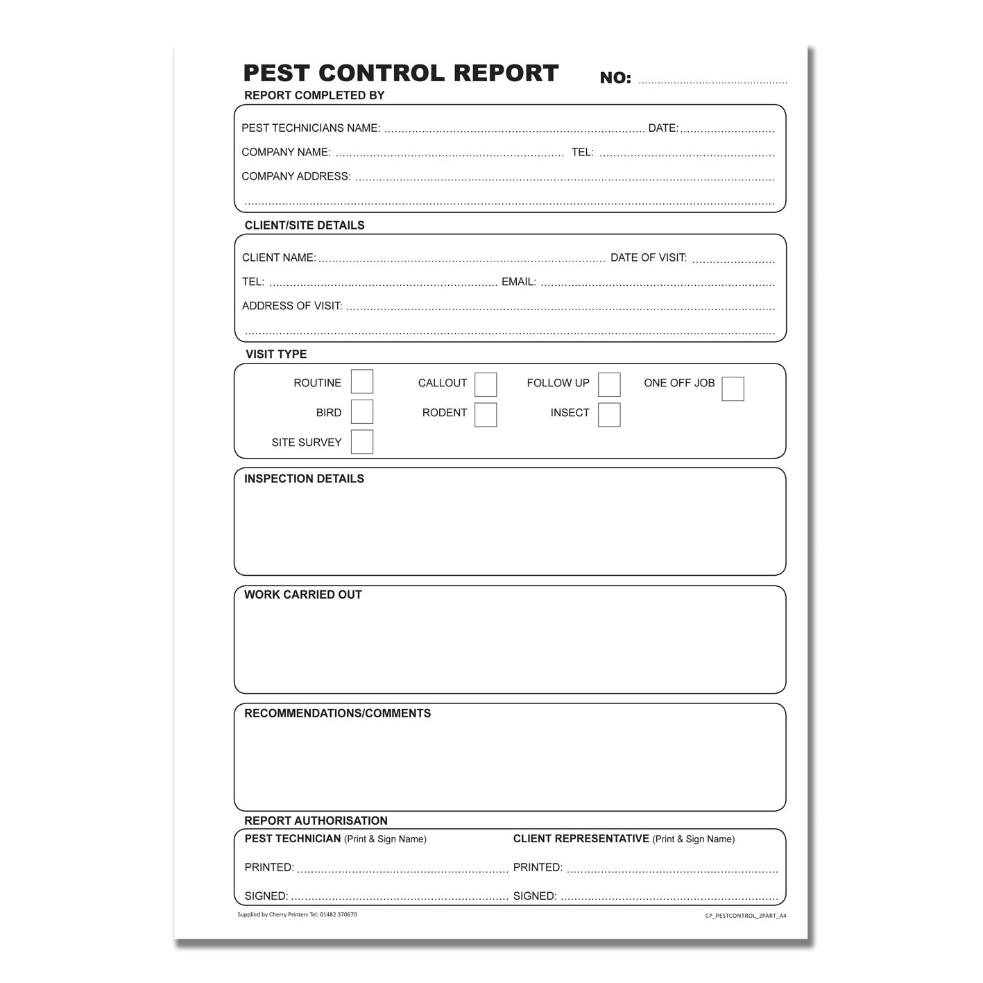 NCR Pest Control Report Duplicate Book A4