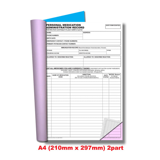 NCR Personal Medication Administration Record Duplicate A4 Book