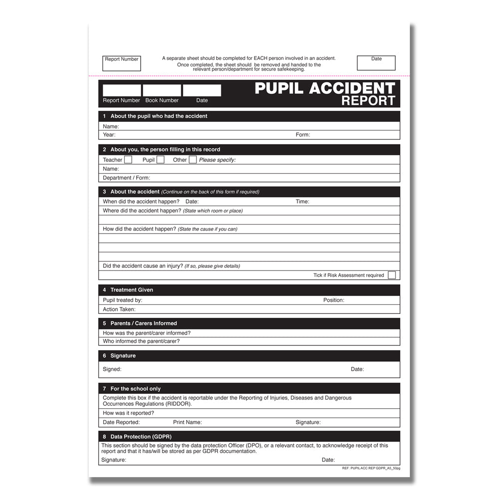 GDPR Pupil Accident Report Book A5 50 pages