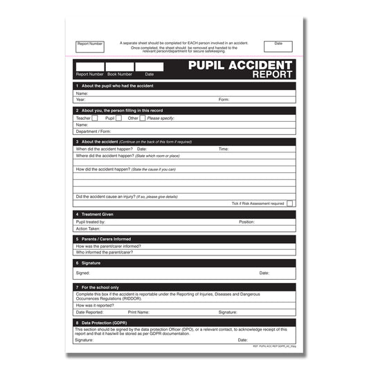 GDPR Pupil Accident Report Book A5 50 pages