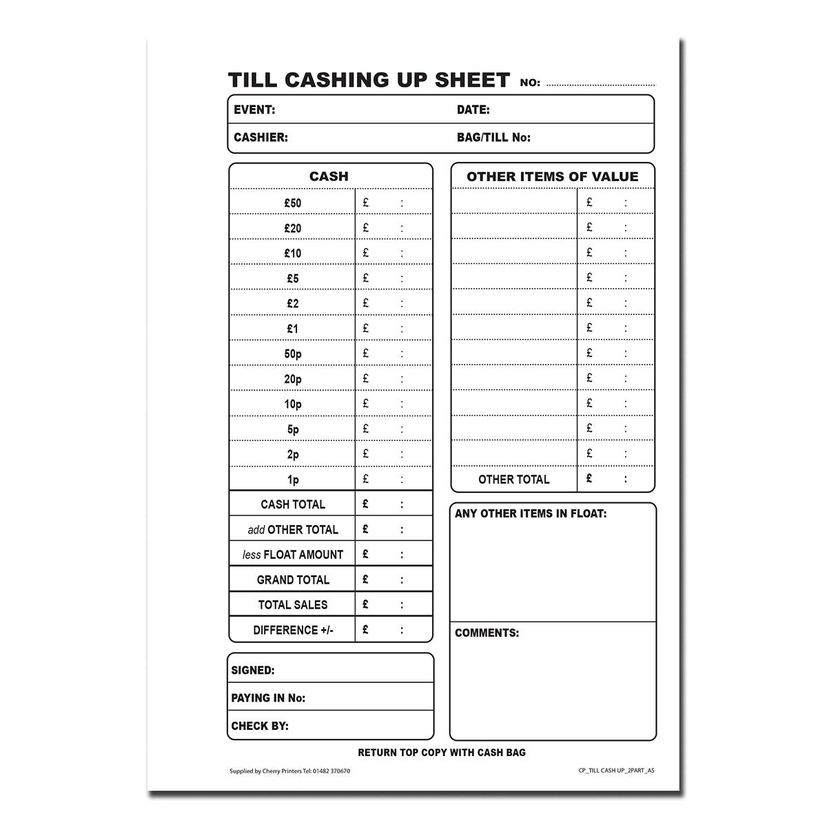 NCR Till Cashing Up Duplicate Book A5