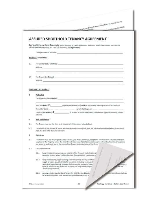 NCR Assured Shorthold Tenancy Agreement for Unfurnished Property (England & Wales) Carbonless Duplicate Sets 2part A4 4pp