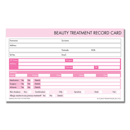 Beauty Treatment Record / Medical Card Pad 202mm x 125mm 50pages 350gsm