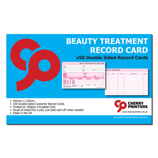 Beauty Treatment Record / Medical Card Pad 202mm x 125mm 50pages 350gsm