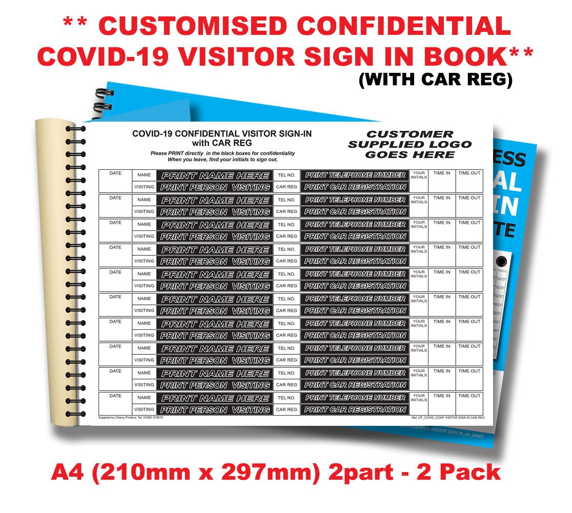 NCR *CUSTOM* Covid Confidential Visitor Sign in with Car Reg Duplicate Wiro Book A4 50 sets GDPR | 2 Book Pack