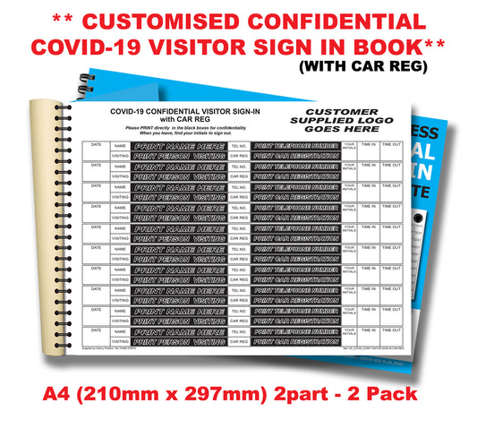 NCR *CUSTOM* Covid Confidential Visitor Sign in with Car Reg Duplicate Wiro Book A4 50 sets GDPR | 2 Book Pack