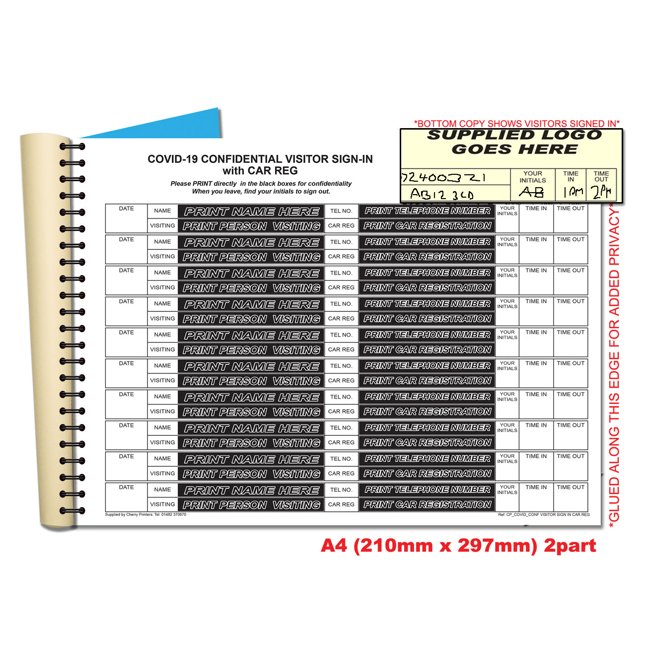 NCR *CUSTOM* Covid Confidential Visitor Sign in with Car Reg Duplicate Wiro Book A4 50 sets GDPR | 2 Book Pack
