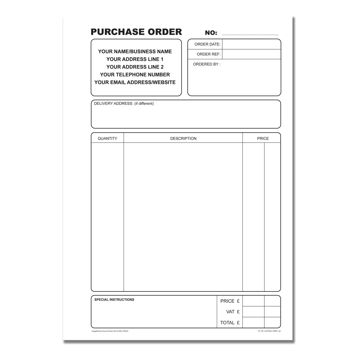 NCR *CUSTOM* Purchase Order Triplicate Book A4 | 2 Book Pack