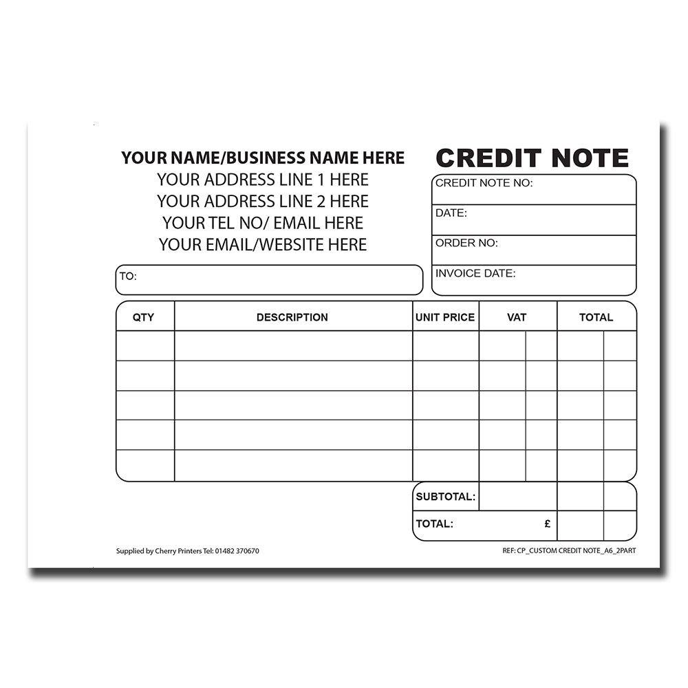 NCR *CUSTOM* Credit Note Duplicate Book A6 | 8 Book Pack