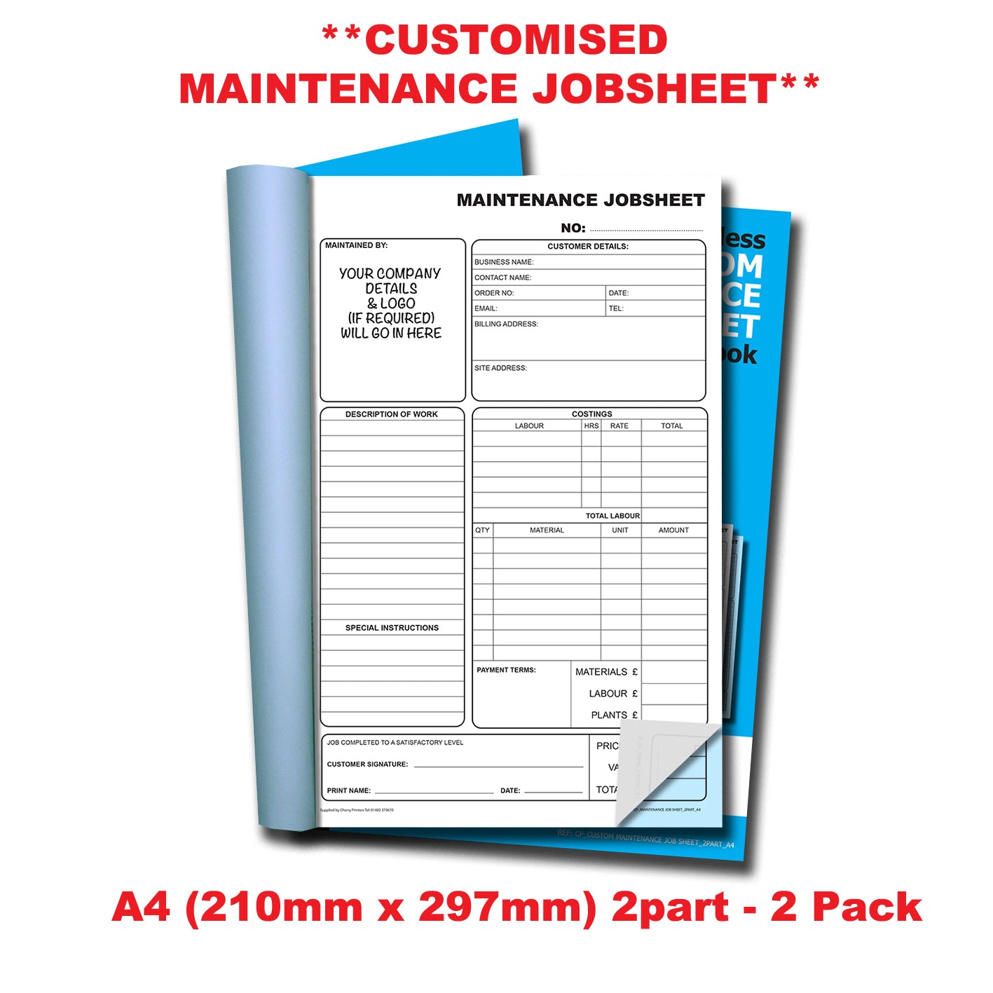 NCR *CUSTOM* Maintenance Jobsheet Duplicate Book A4 | 2 Book Pack