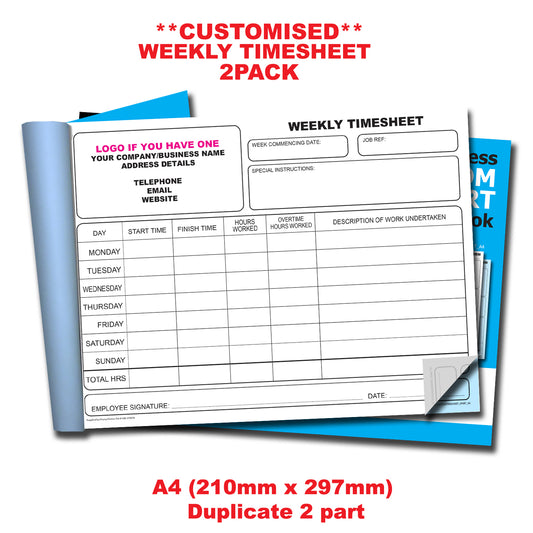 NCR *CUSTOM* Weekly Timesheet Duplicate Book A4 | 2 Book Pack