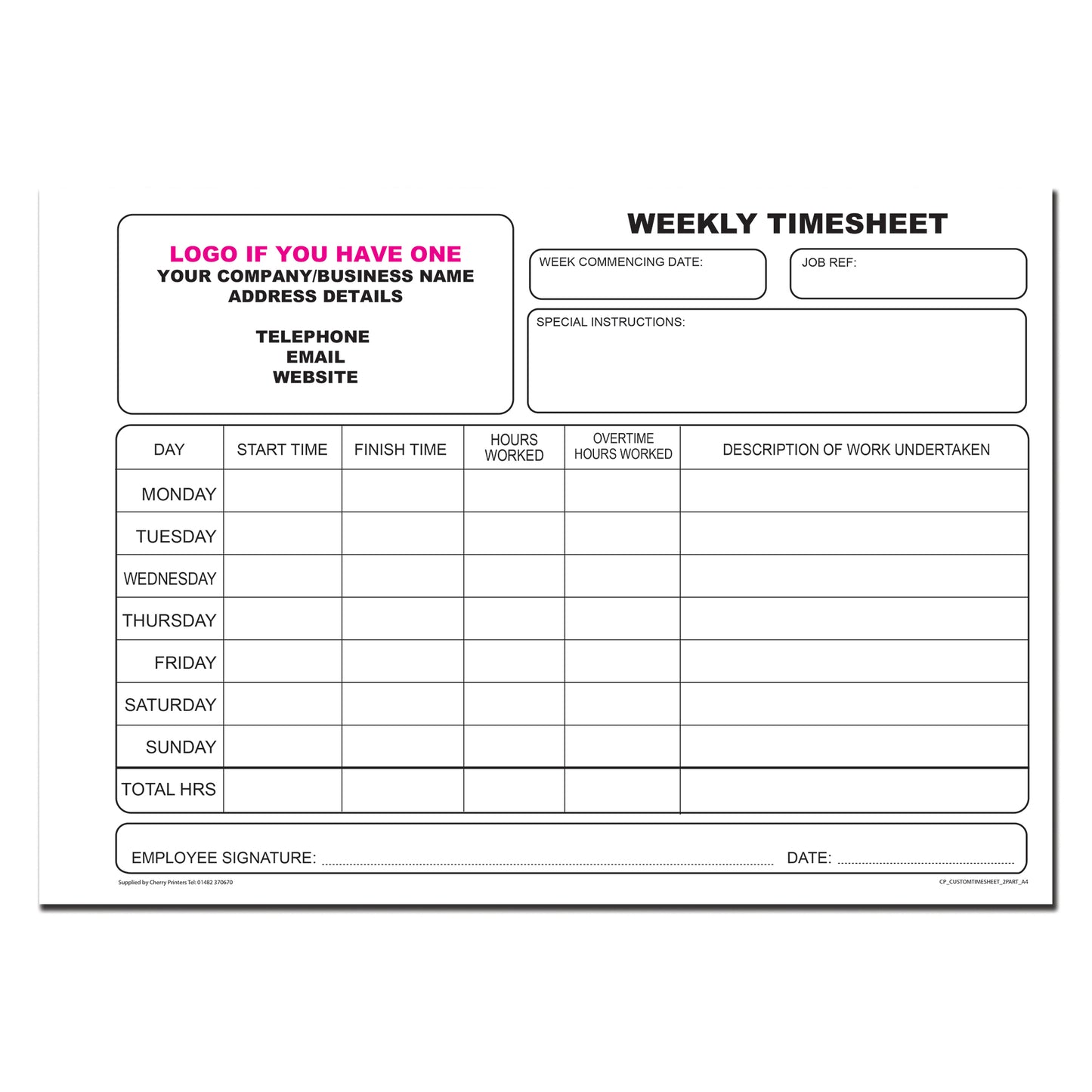 NCR *CUSTOM* Weekly Timesheet Duplicate Book A4 | 2 Book Pack