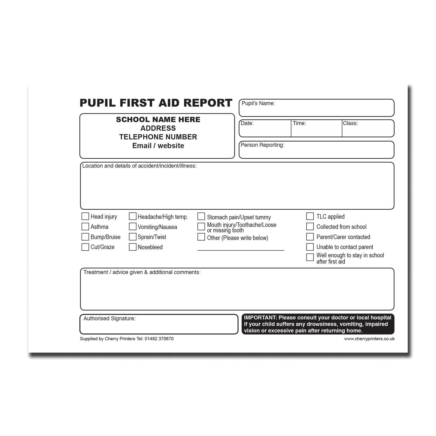 NCR *CUSTOM* Pupil First Aid Report | Accident | Incident |  Pocket size A6 | Duplicate | 8 Book Pack