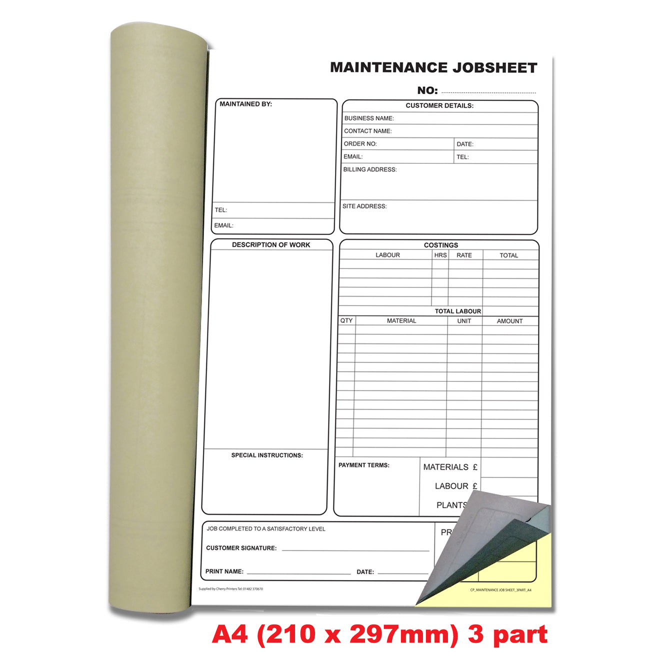 NCR Maintenance Job Sheet Book A4 Triplicate