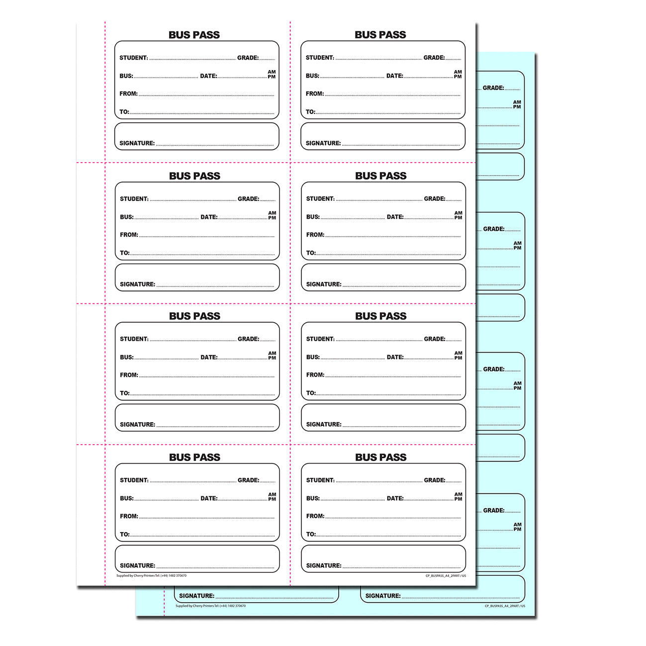 Bus Pass | Fold and Tear | Duplicate Book | 2 part | Carbonless | 400 slips Per Book | A4 - 8.27" x 11.69" | BOX OF 20 BOOKS