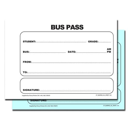 Bus Pass | Duplicate Book | 2 part | Carbonless | 50 Sets per book | A6 - 5.8" x 4.1" | BOX OF 80 BOOKS