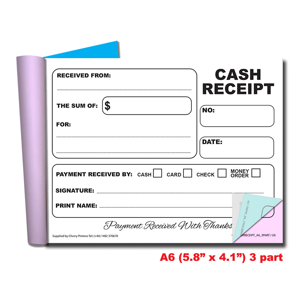 Cash Receipt | Triplicate Book | 3 part | Carbonless | 50 Sets Per Book | A6 - 5.8" x 4.1" | BOX OF 60 BOOKS
