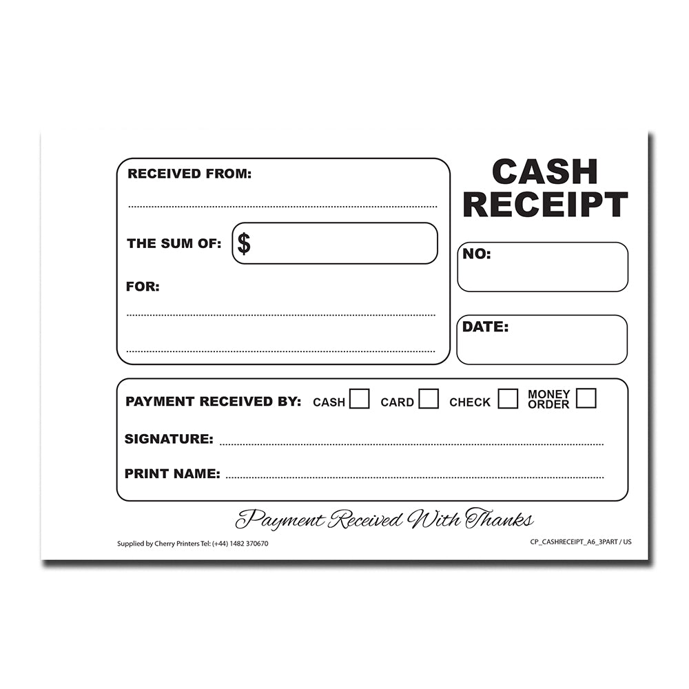 Cash Receipt | Triplicate Book | 3 part | Carbonless | 50 Sets Per Book | A6 - 5.8" x 4.1" | BOX OF 60 BOOKS