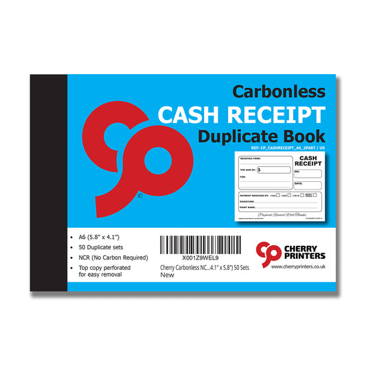 Cash Receipt | Duplicate Book | 2 part | Carbonless | 50 Sets Per Book | A6 - 5.8" x 4.1" | BOX OF 80 BOOKS