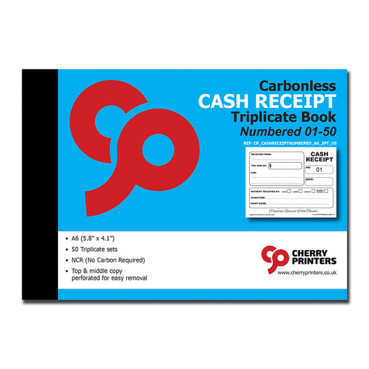 Cash Receipt Numbered 01-50 | Triplicate Book | 3 part | Carbonless | 50 Sets Per Book | A6 - 5.8" x 4.1" | BOX OF 60 BOOKS