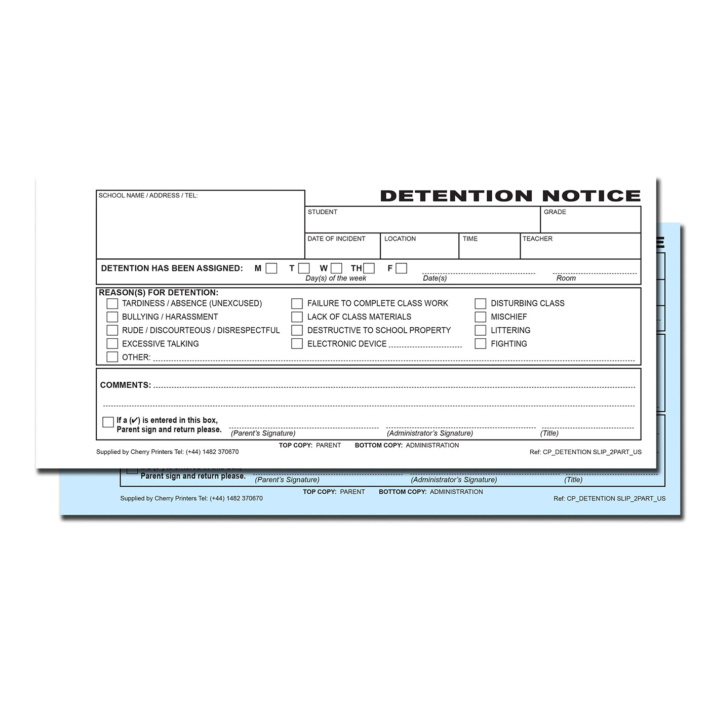 Detention Slip | Duplicate Book | 2 part | Carbonless | 50 Sets Per Book | DL - 8.3" x 3.9" | BOX OF 60 BOOKS