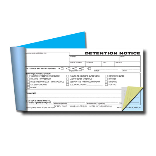 Detention Slip | Triplicate Book | 3 part | Carbonless | 50 Sets Per Book | DL - 8.3" x 3.9" | BOX OF 45 BOOKS