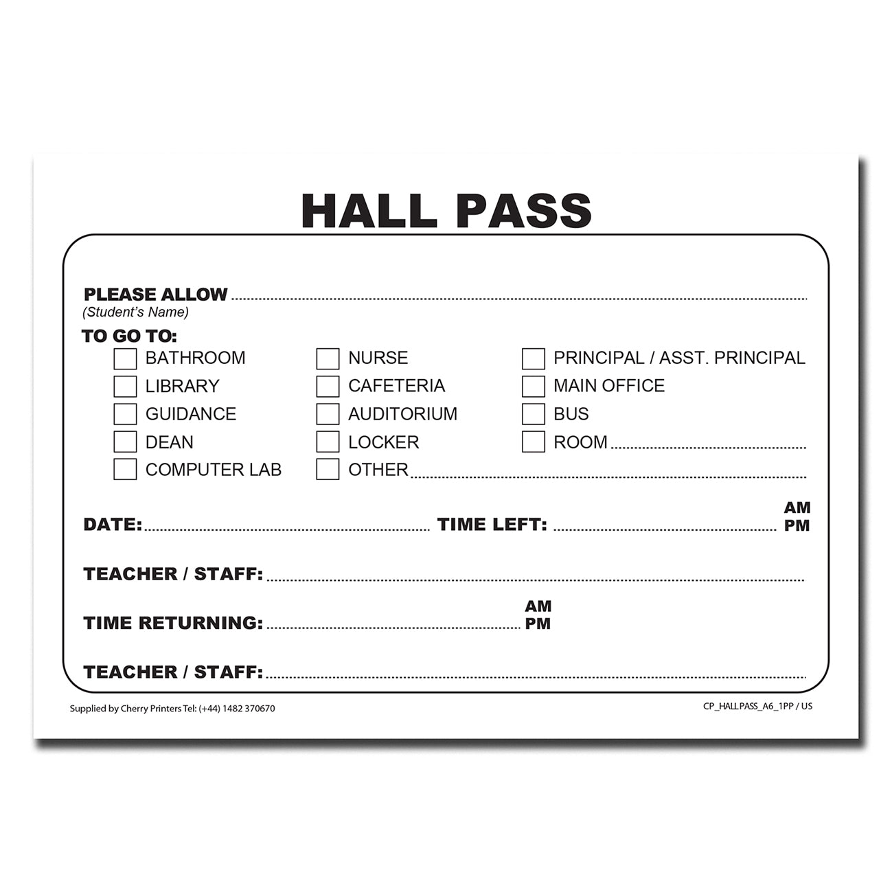 Hall Pass Pad | 100 Passes per pad | 80gsm Paper | A6 - 5.8" x 4.1" | BOX OF 80 PADS