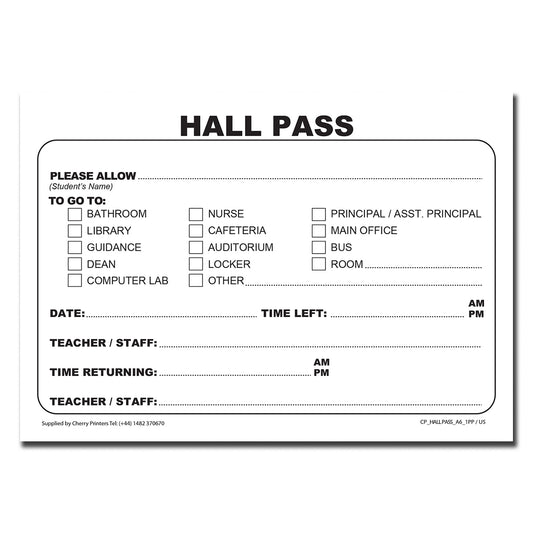 Hall Pass Pad | 100 Passes per pad | 80gsm Paper | A6 - 5.8" x 4.1" | BOX OF 80 PADS
