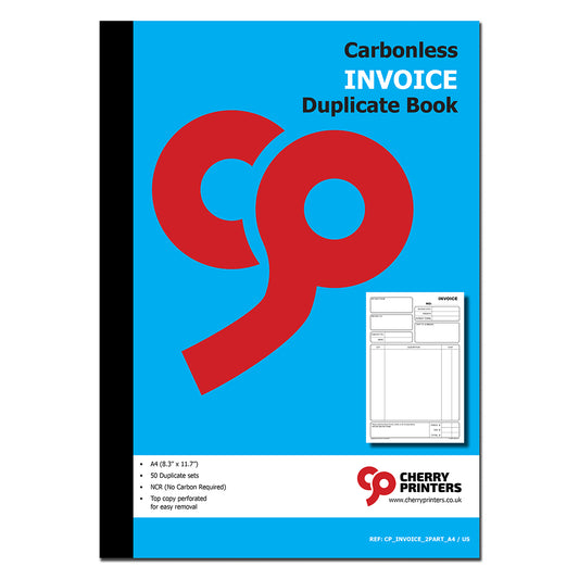 Invoice | Duplicate Book | 2 part | Carbonless | 50 Sets Per Book | A4 - 8.27" x 11.69" | BOX OF 20 BOOKS