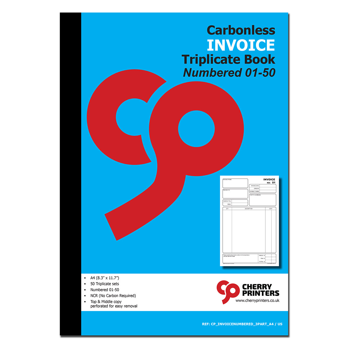 Invoice Numbered 01-50 | Triplicate Book | 3 part | Carbonless | 50 Sets Per Book | A4 - 8.27" x 11.69" | BOX OF 16 BOOKS