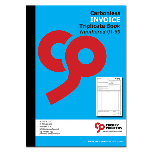 Invoice Numbered 01-50 | Triplicate Book | 3 part | Carbonless | 50 Sets Per Book | A4 - 8.27" x 11.69" | BOX OF 16 BOOKS