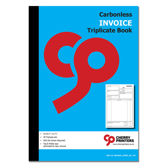 Invoice | Triplicate Book | 3 part | Carbonless | 50 Sets Per Book | A4 - 8.27" x 11.69" | BOX OF 16 BOOKS