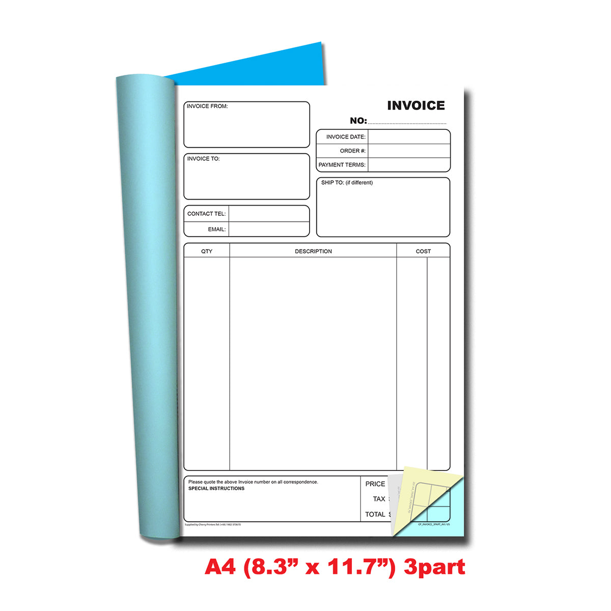 Invoice | Triplicate Book | 3 part | Carbonless | 50 Sets Per Book | A4 - 8.27" x 11.69" | BOX OF 16 BOOKS