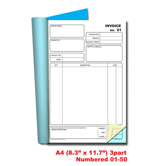 Invoice Numbered 01-50 | Triplicate Book | 3 part | Carbonless | 50 Sets Per Book | A4 - 8.27" x 11.69" | BOX OF 16 BOOKS