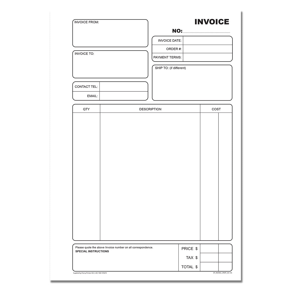 Invoice | Triplicate Book | 3 part | Carbonless | 50 Sets Per Book | A4 - 8.27" x 11.69" | BOX OF 16 BOOKS