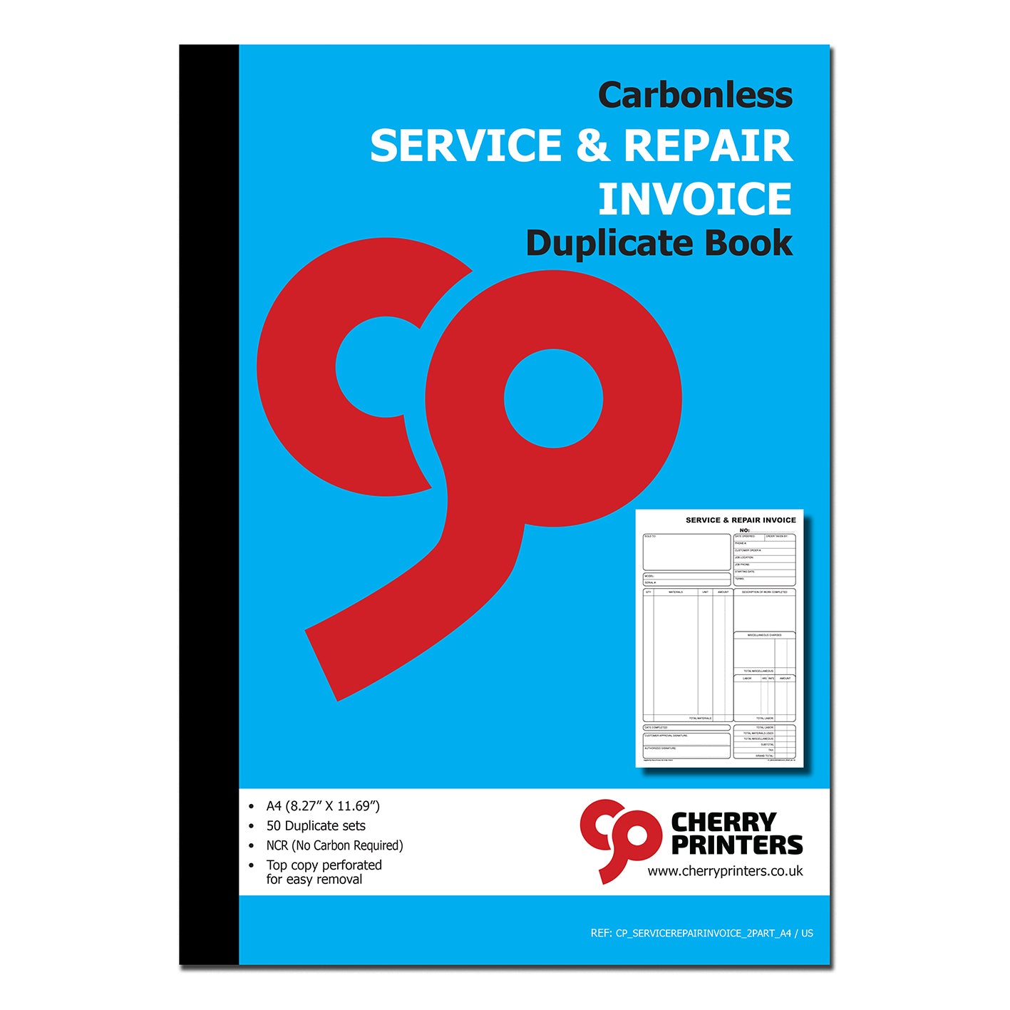 Service & Repair Invoice | Duplicate Book | 2 part | Carbonless | 50 Sets Per Book | A4 - 8.27" x 11.69" | BOX OF 20 BOOKS