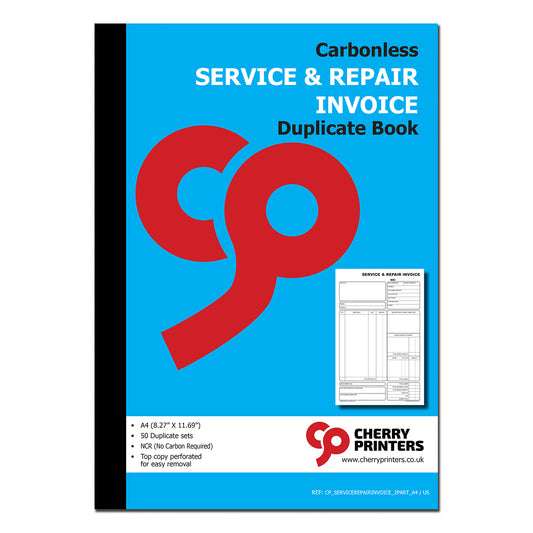 Service & Repair Invoice | Duplicate Book | 2 part | Carbonless | 50 Sets Per Book | A4 - 8.27" x 11.69" | BOX OF 20 BOOKS